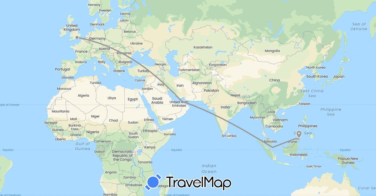TravelMap itinerary: driving, plane in United Arab Emirates, United Kingdom, Malaysia, Singapore (Asia, Europe)